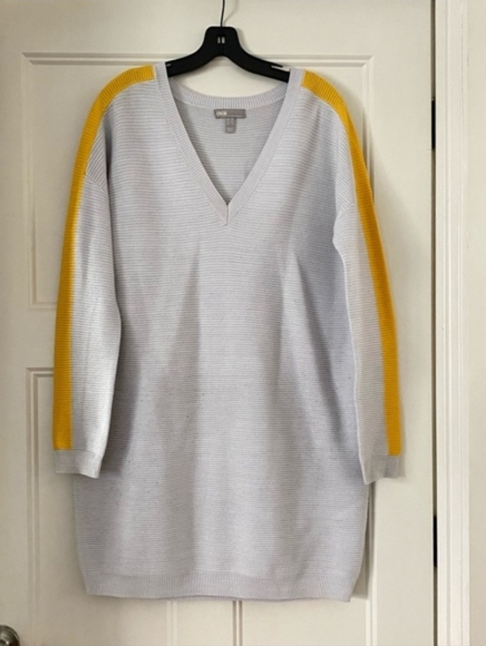 V-Neck Knit Sleeve Stripe Dress in White and Yellow - Picture 3 of 10